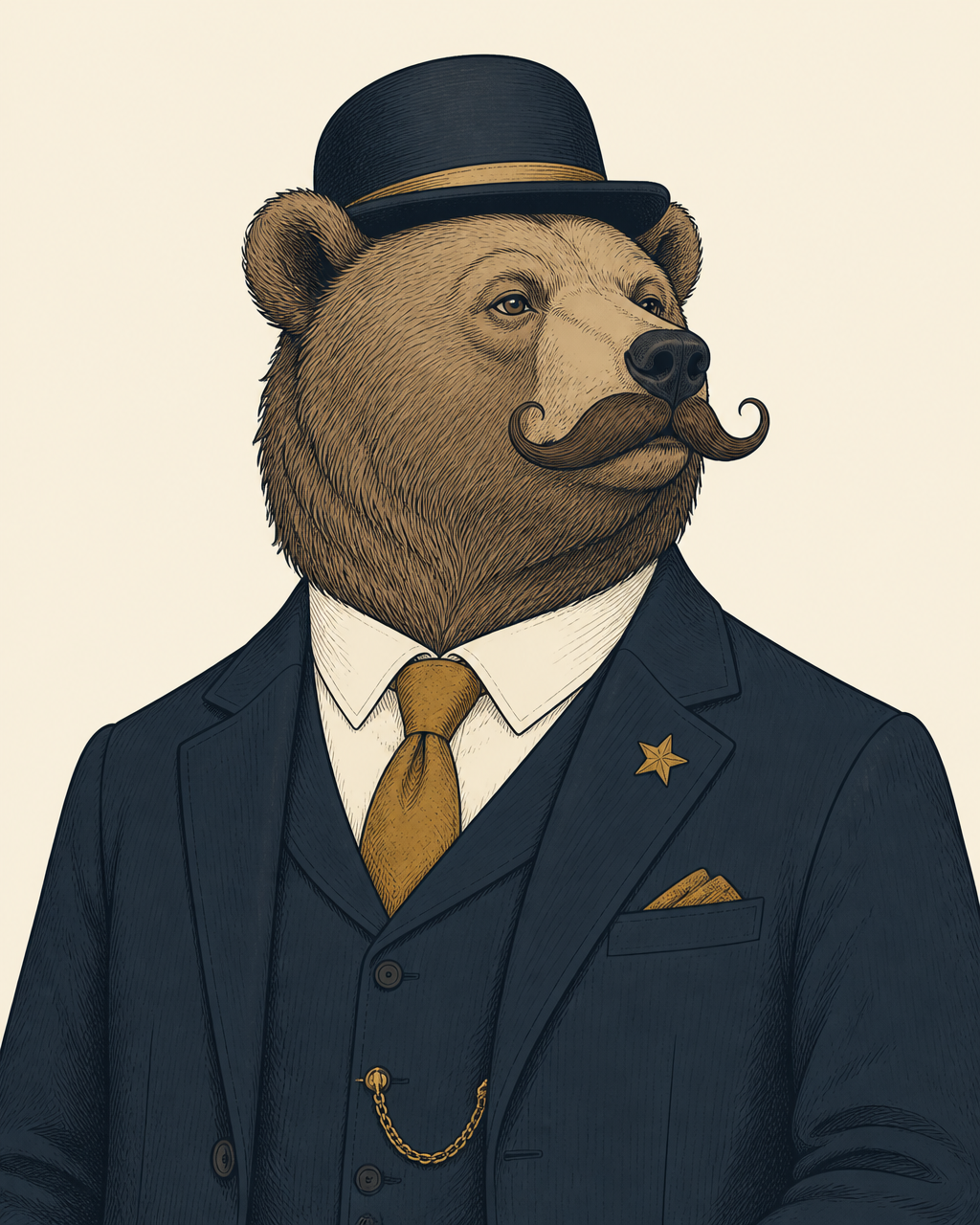 Ilustração de um urso de fato de três peças, com chapéu de coco, bigode encaracolado e estrela dourada na lapela
