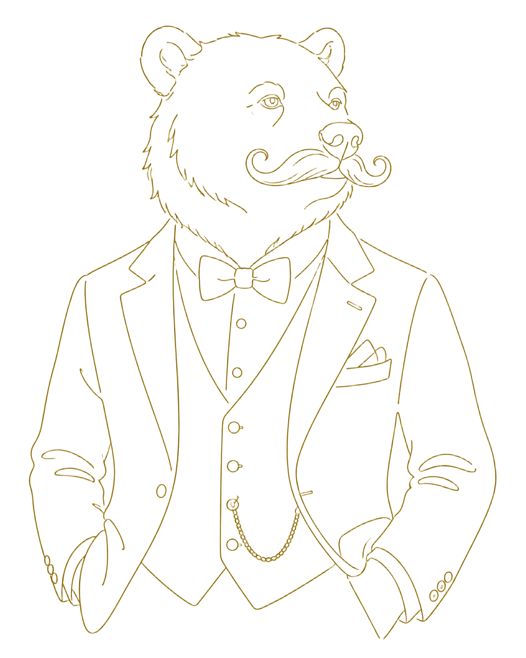 Ilustração de um urso de fato de três peças com bigode encaracolado e laço